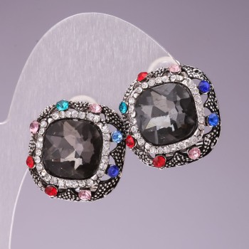 Náušnice 2,3 cm, duhové čtvercové krystaly, šedé