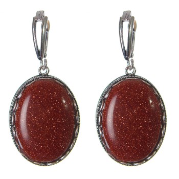 Náušnice z aventurínu „zlatý písek“ s obrubou typu „zub“ – oválný kámen 2,8×2,1 cm, délka 4,5 cm