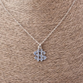 Přívěsek Dolar na kotvovém řetízku s modrými štrasovými kamínky, délka 52 cm, průměr 2×1,7 cm, stříbřitý kov