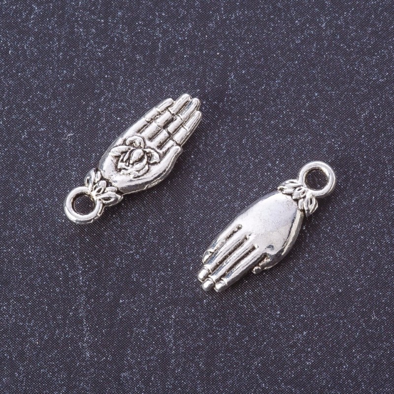 Přívěšek dlaň s růží, barva kovu 'stříbro', Rozměr 18×6 mm, balení 20 g ±24 ks