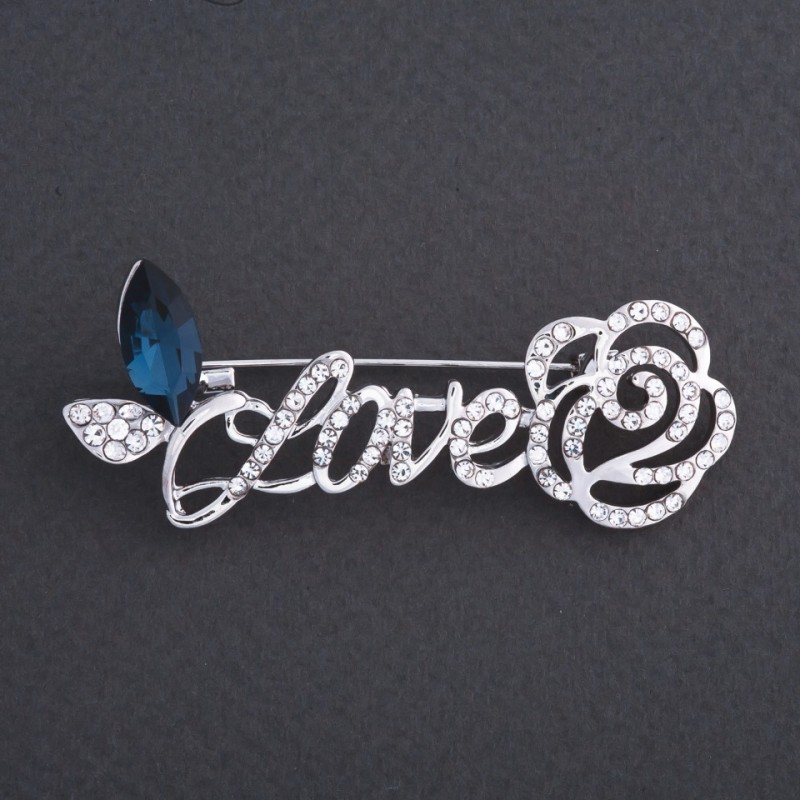 Brož Love s Růží, modrý krystal, 6×3 cm, barva kovu: stříbrná