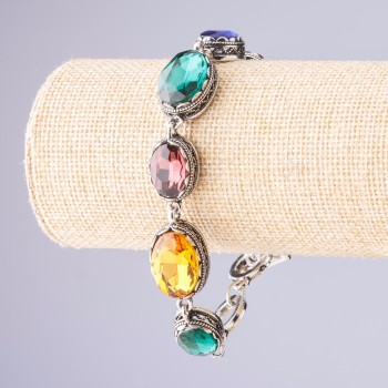 Náramek s různobarevnými krystaly, ohrada typu 'zubek' oválné kameny, 7 ks, 20×16 mm a 13×16 mm, délka 18–21 cm