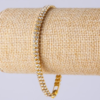 Náramek s kamínky na zapínání, dvouřadý, zlaté barvy kovu, délka 19 cm, šířka 5 mm