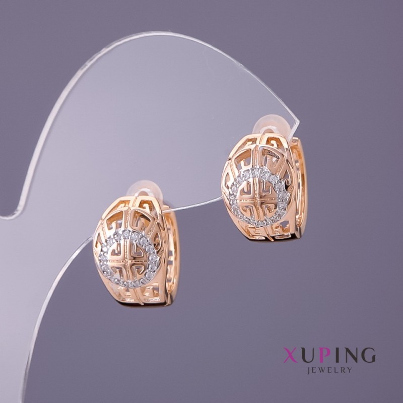 Náušnice Xuping se řeckým vzorem, bílé ornamenty, průměr 10 mm, délka 14 mm, barva zlata