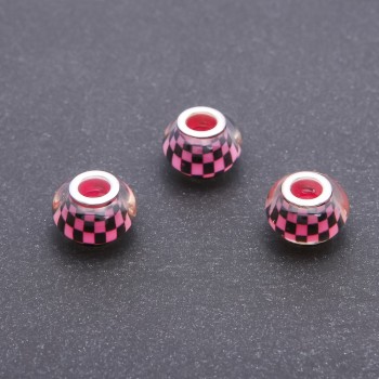 Korálek Pandora, růžový, šachovnicový vzor, plast, průměr 13 mm, díra 5 mm, balení 11 ks