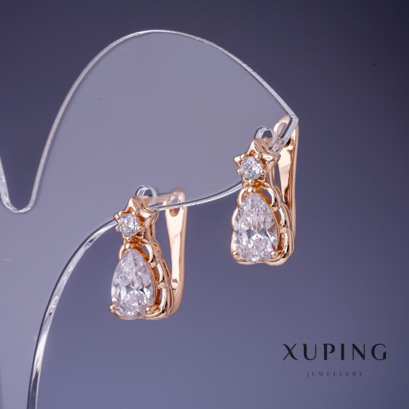 Náušnice Xuping s bílými krystaly 16×8 mm, pozlacené 18K