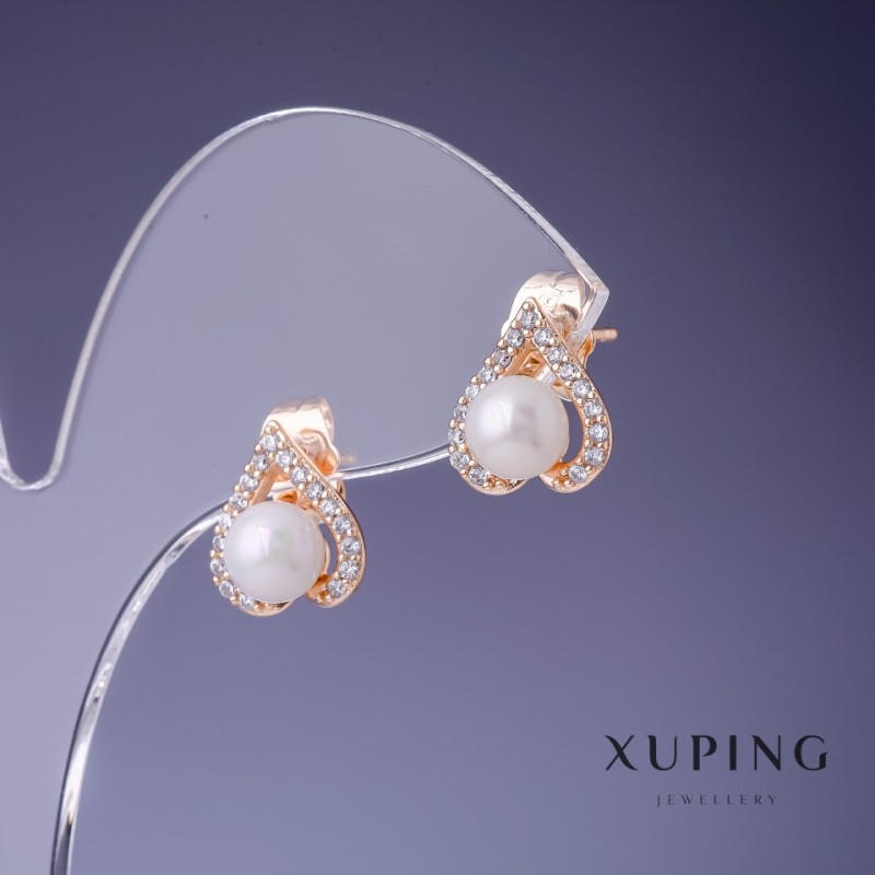Náušnice Xuping Srdce 12×12 mm perla Mallorca 6 mm pozlacení 18K
