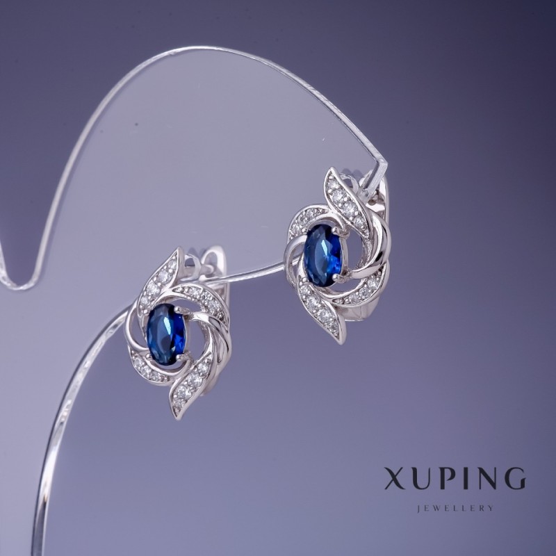 Náušnice Xuping se modrými krystaly 17×11 mm rhodiované