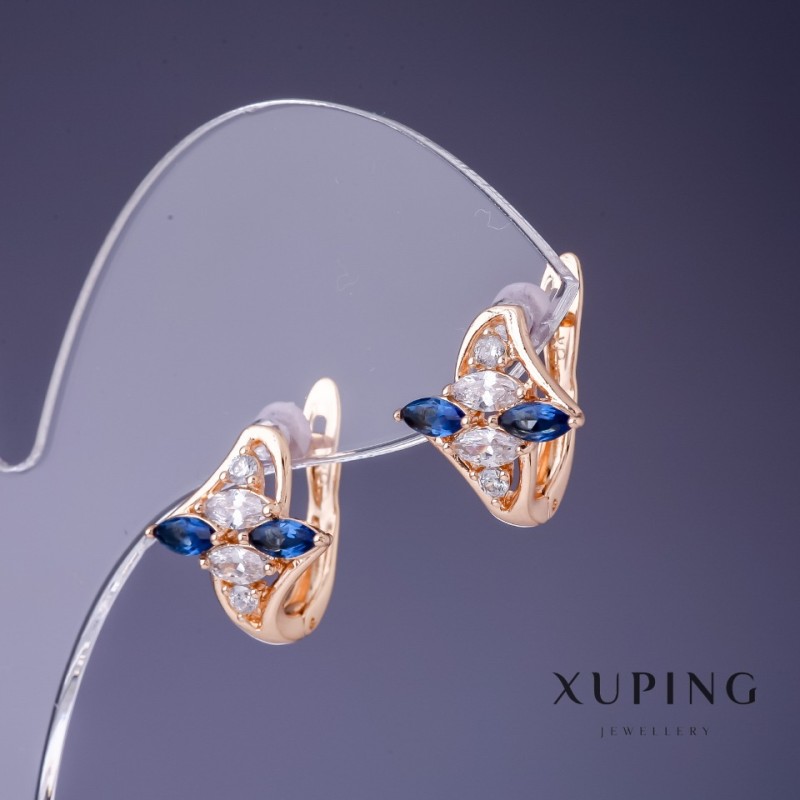 Náušnice Xuping se bílými a modrými kameny 14×13 mm, pozlacení 18K