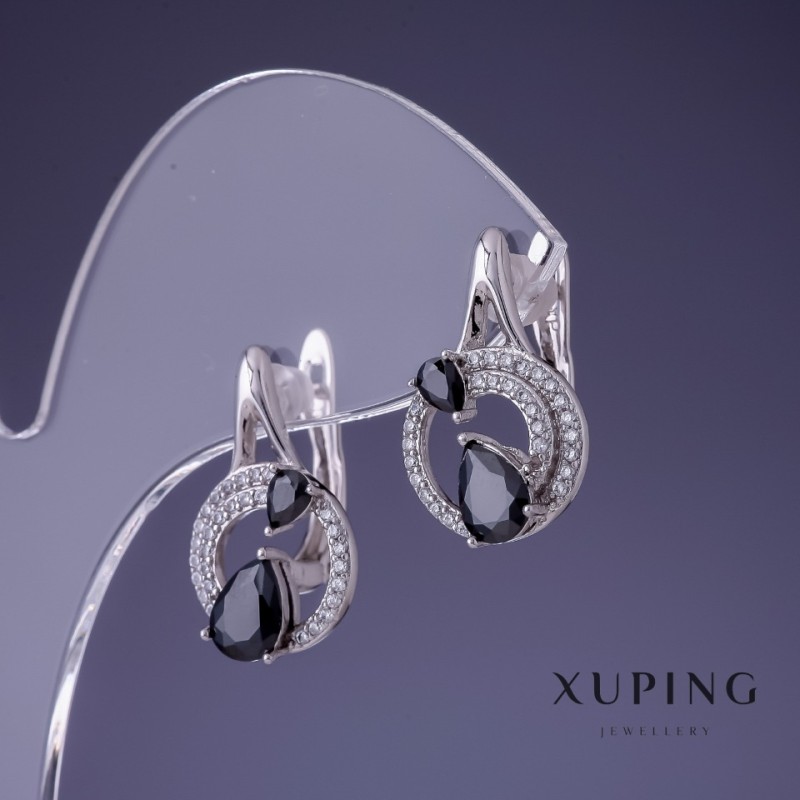 Náušnice Xuping 20 × 12 mm rhodiované s černým kamenem