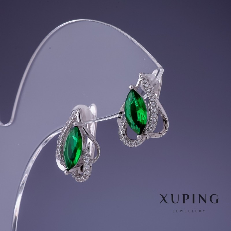 Náušnice Xuping se zeleným cirkónem, smaragdově zelené, 12×16 mm, rhodiované