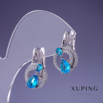 Náušnice Xuping s modrým topazem a cirkóny, rhodiované, 20×12 mm