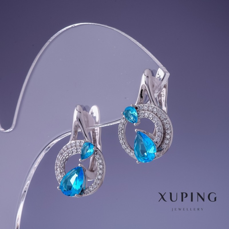 Náušnice Xuping s modrým topazem a cirkóny, rhodiované, 20×12 mm