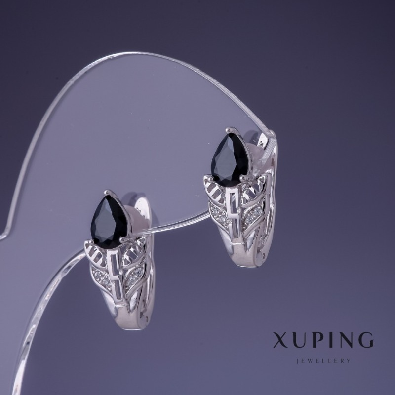 Náušnice Xuping 17×10 mm rhodiované se černým kamenem