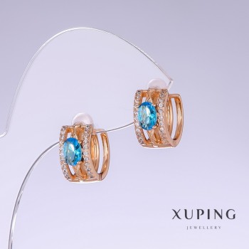 Náušnice Xuping s modrým cirkónem «Topaz», délka 13 mm, tloušťka 7 mm, pozlacení 18K