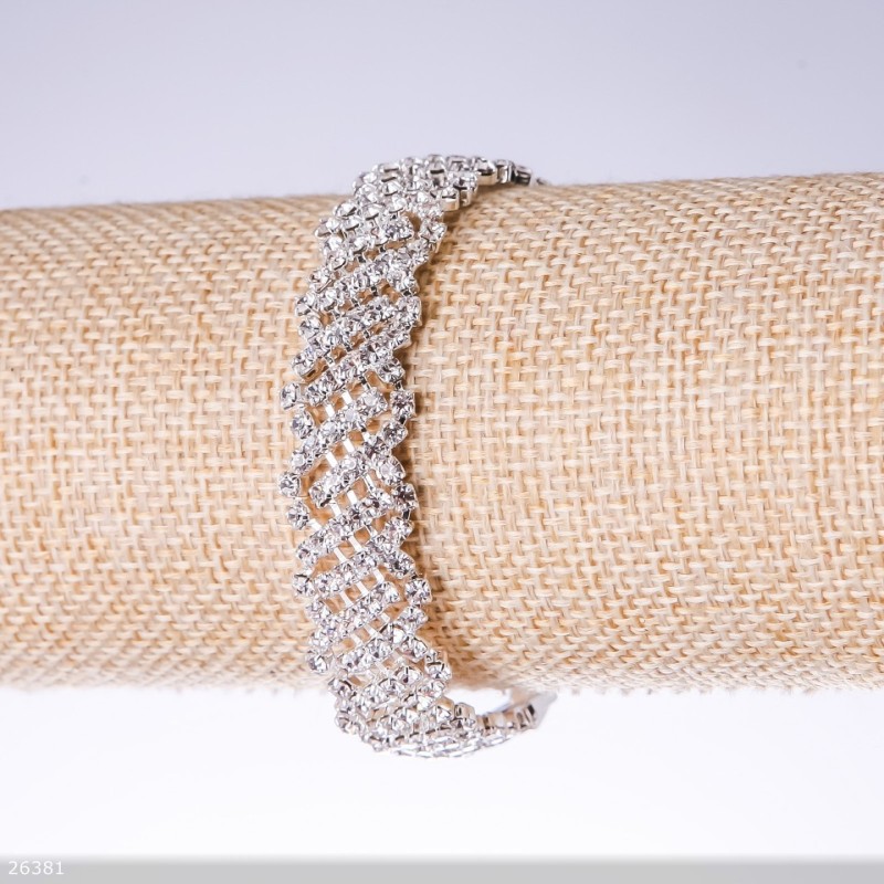 Náramek se štrasovými kamínky „bílý“, šířka 16 mm, délka 19 cm, stříbrný