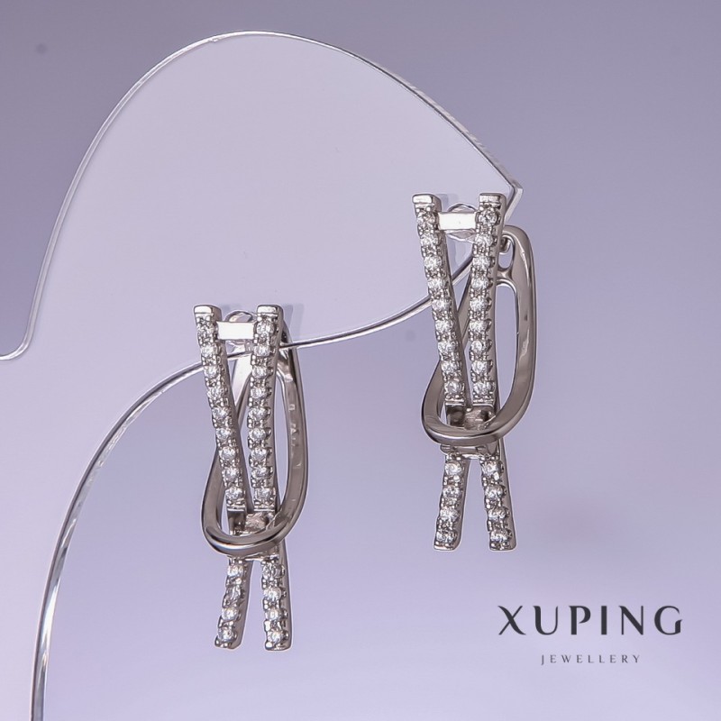 Náušnice Xuping s bílými kamínky rhodiované 25×7 mm