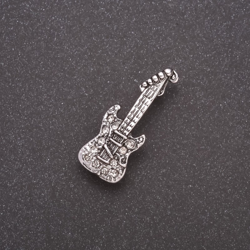 Brožka kytara mini se štrasami, šedý kov, 28×10 mm
