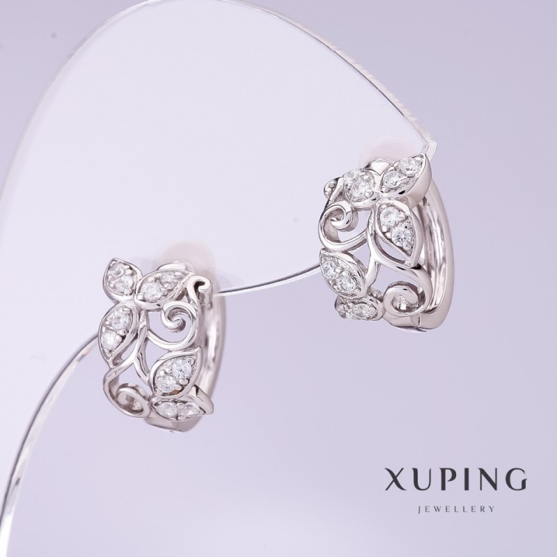 Náušnice Xuping s bílými štrasami, průměr 8 mm, délka 12 mm, rhodiované