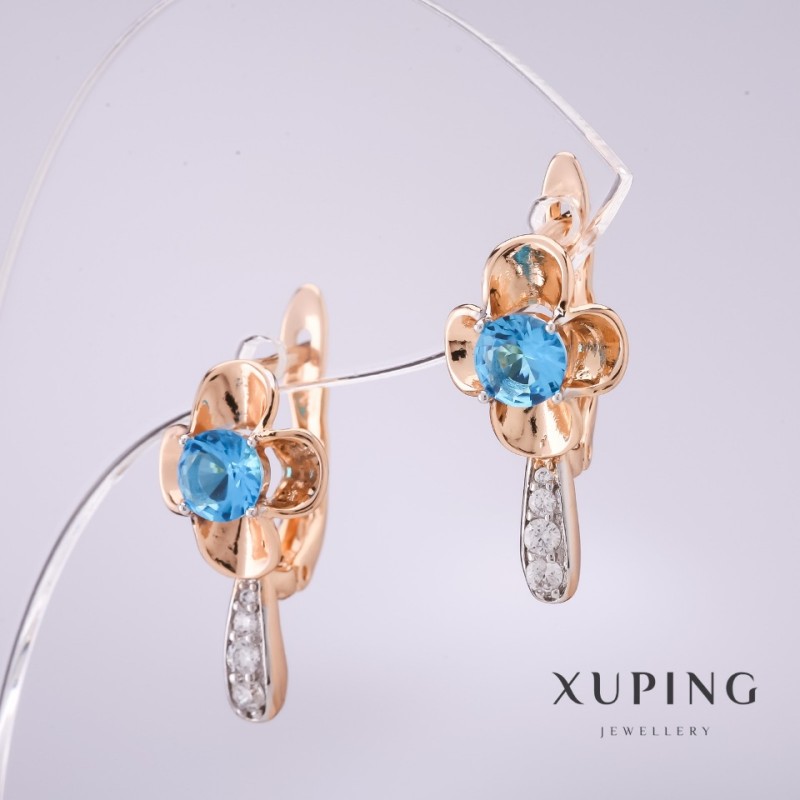 Náušnice Xuping se světle modrými kameny 20×10 mm, pozlacené 18K