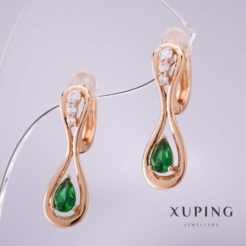 Náušnice Xuping se zelenými kameny 25×8 mm pozlacene 18K