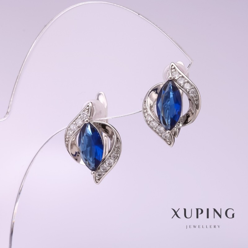 Náušnice Xuping se modrým kamenem 11×16 mm rhodiované