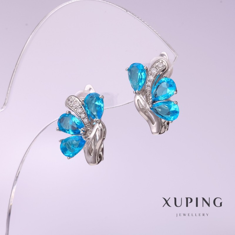 Náušnice Xuping s modrým kamenem 10×15 mm rhodiované