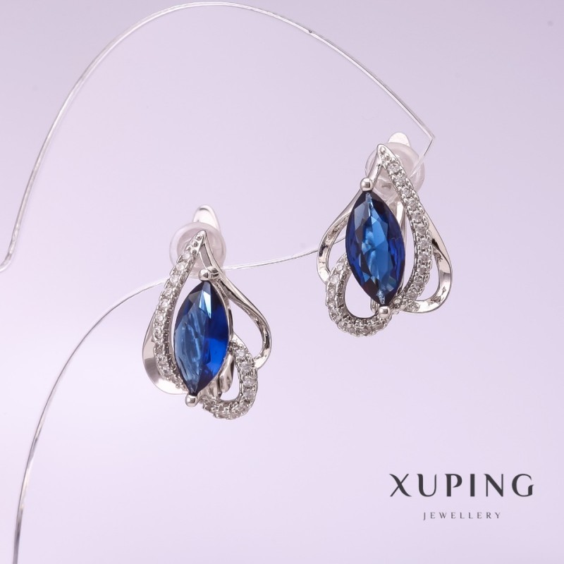 Náušnice Xuping se modrým kamenem 13×18 mm, rhodiované