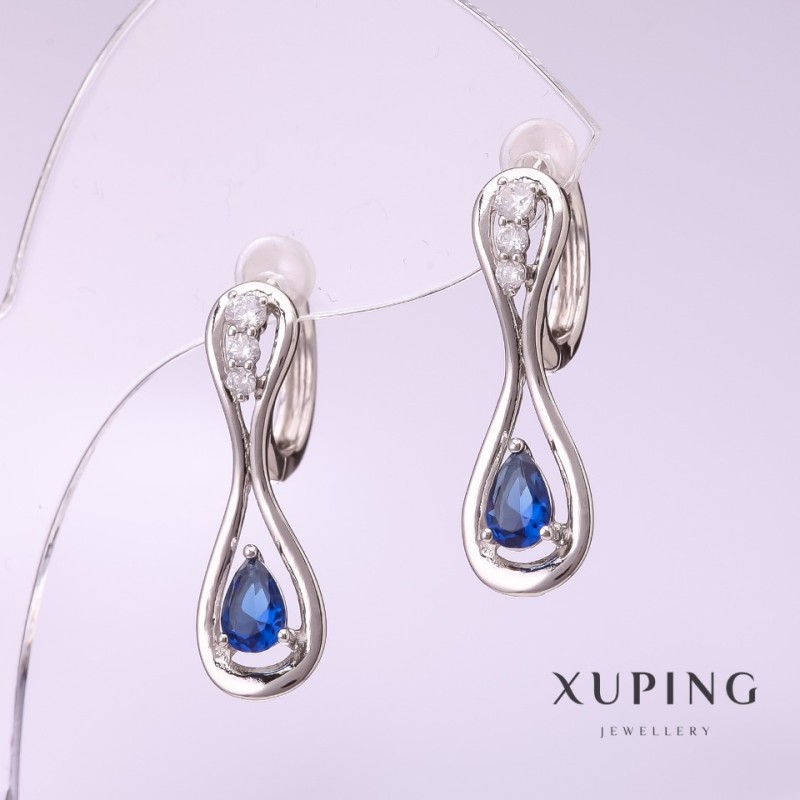 Náušnice Xuping se modrým kamenem, rhodiované, 25×8 mm