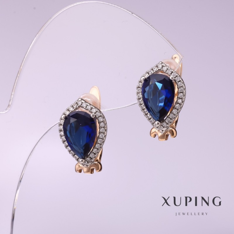 Náušnice Xuping se modrými kameny 10×14 mm, pozlacené 18K