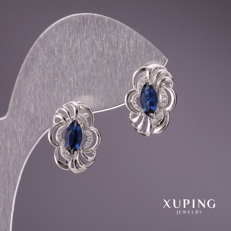 Náušnice Xuping se modrými kameny 17×12 mm rhodiované