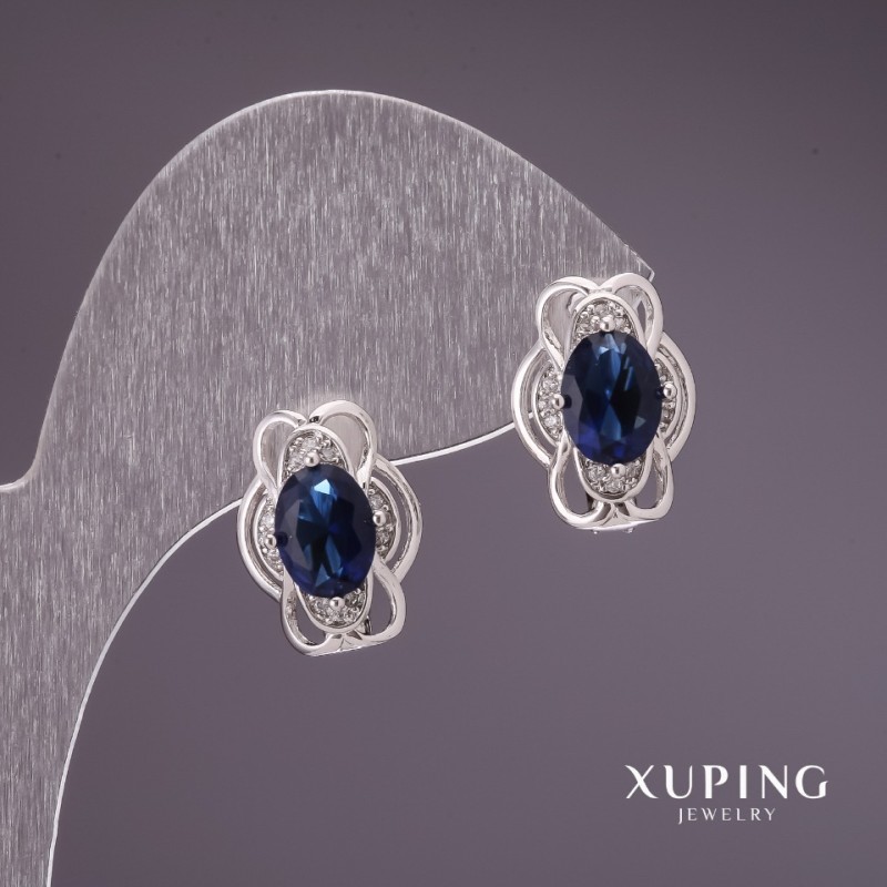 Náušnice Xuping se modrými kameny 10×15 mm rhodiované