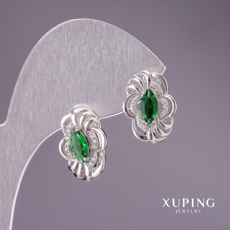 Náušnice Xuping se zelenými kameny 17×12 mm rhodiované
