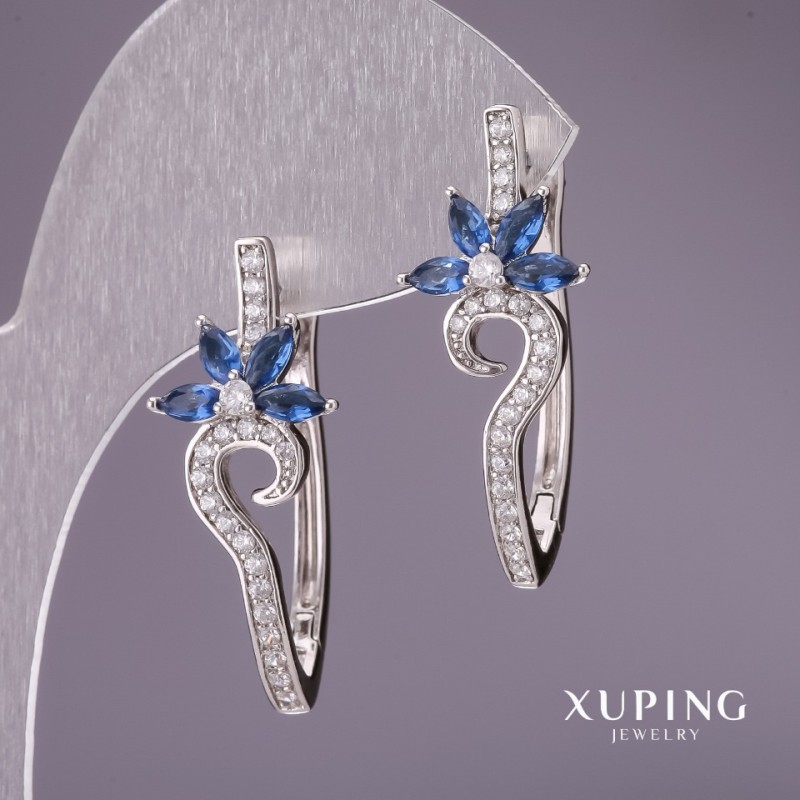 Náušnice Xuping se modrými kameny 31×13 mm rhodiované