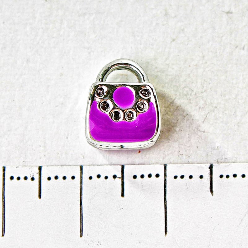 Korálek šarm Pandora světlešedý kov s fialovou kabelkou, průměr 10 mm, balení 6 ks