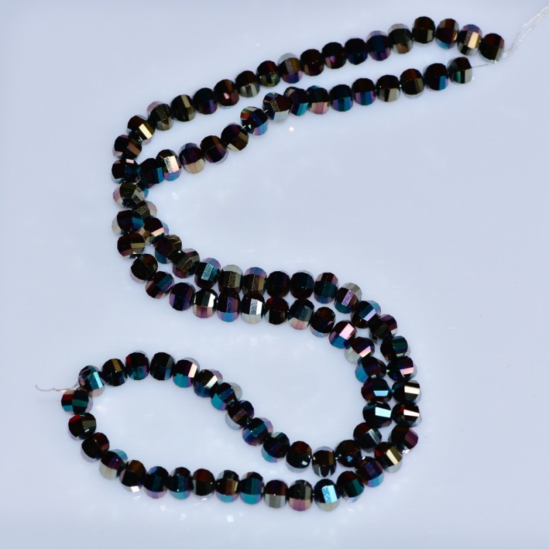 Křišťálové korálky ve stylu Swarovski, černé, brusované kuličky s modrohnědým benzínovým nástřikem, průměr 5×4 mm, navlečené na niti délky 48 cm