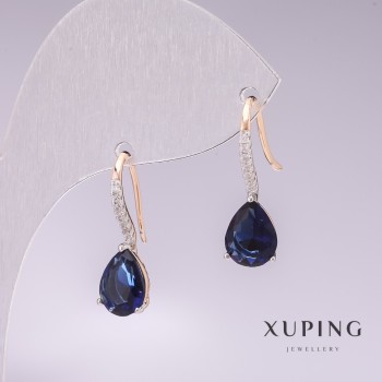 Náušnice Xuping pozlacení 18K, rhodiované s modrými kameny a bílými štrasovými kameny 21×7 mm