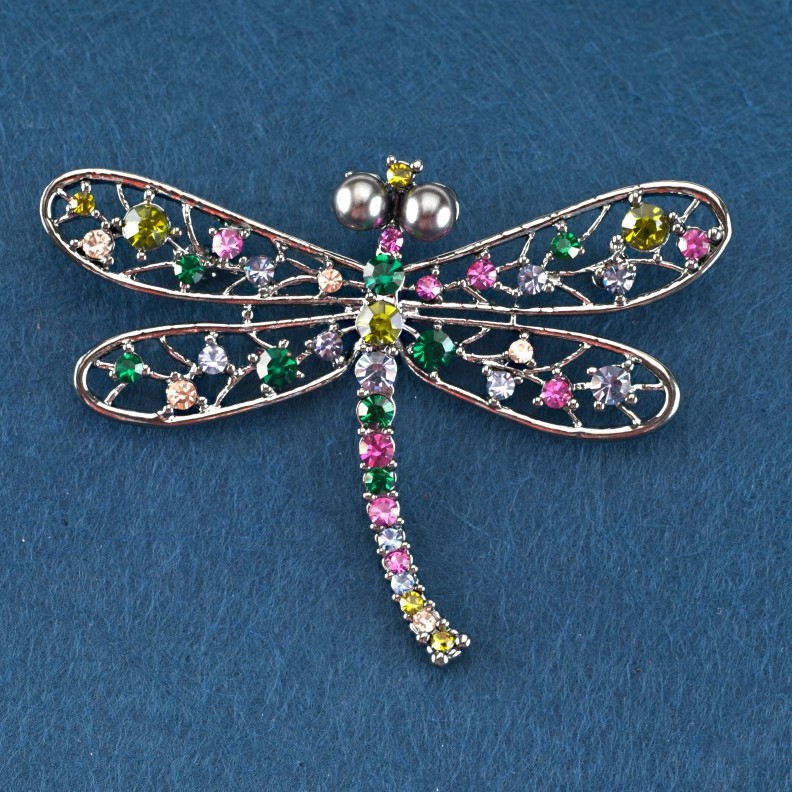 Brož «Vážka» s různobarevnými štrasami, šedý kov, 70 × 52 mm