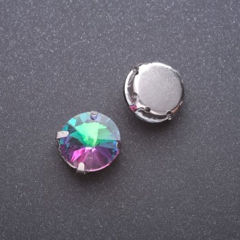 Cena za balení / 10 ks. Šitý Rivoli krystal v lůžku, kulatý 13 mm malinově zelený