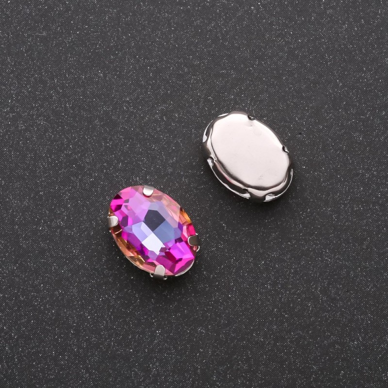 Cena za balení /10 ks. Přišívatelný krystal s kovovou čepičkou, oválný 10×14 mm malinově žlutý