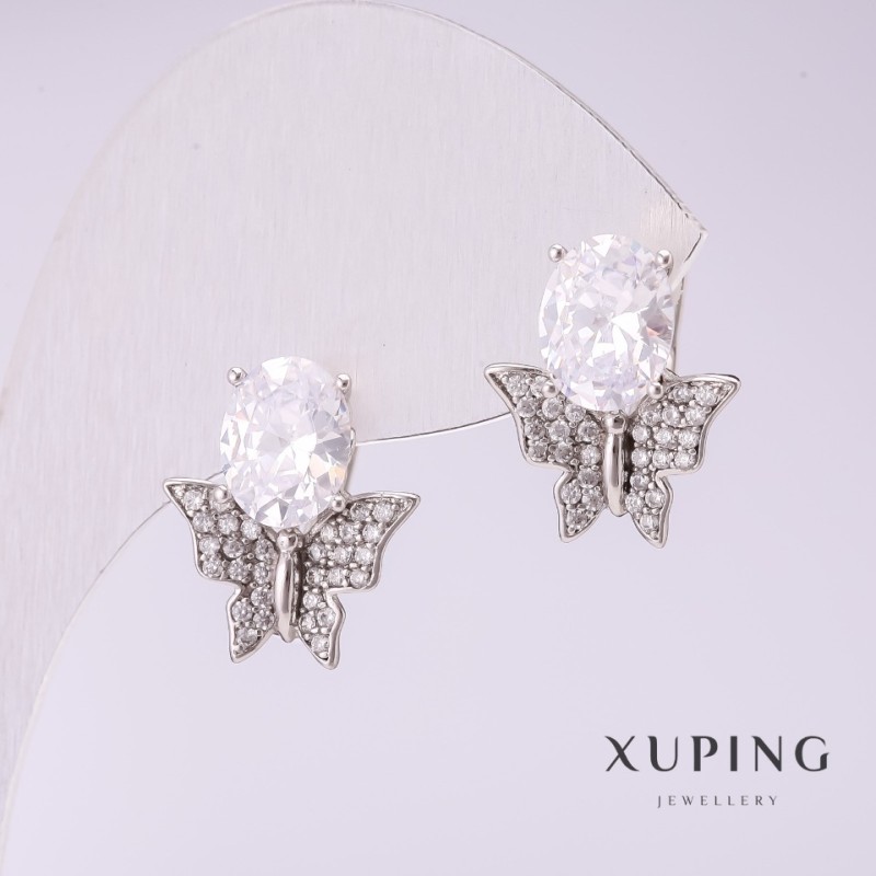 Náušnice Xuping Motýlci se bílými kameny 16×14 mm, rhodiované