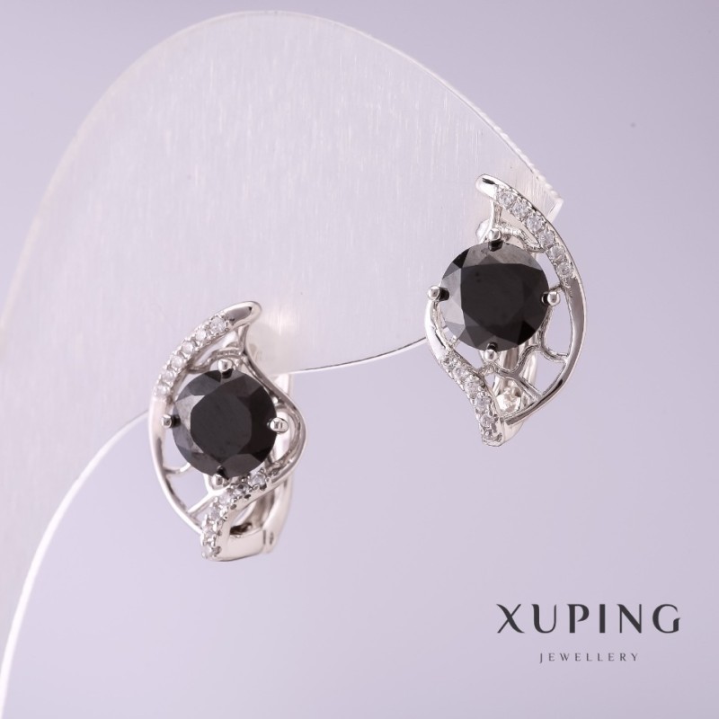 Náušnice Xuping se černými kameny 17×10 mm rhodiované