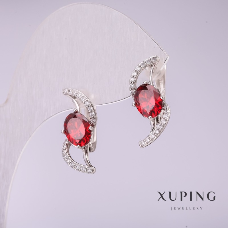 Náušnice Xuping s červenými kameny 21×8 mm rhodiované