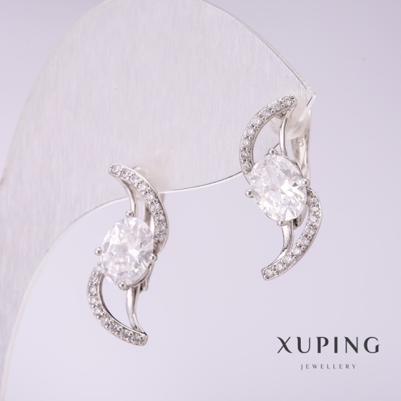 Náušnice Xuping se bílými kameny 21×8 mm rhodiované
