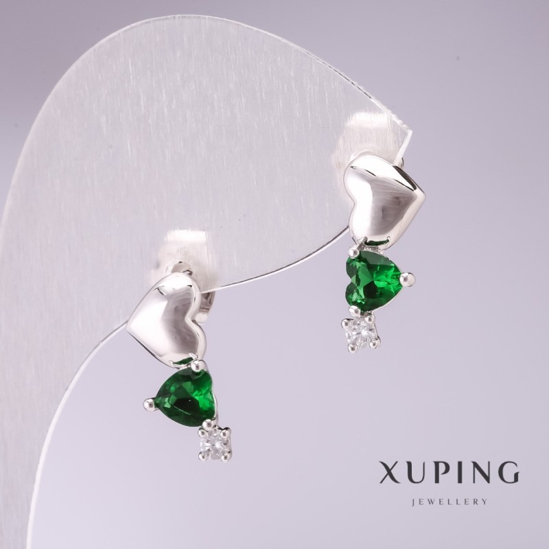 Náušnice Xuping girlanda srdíček se zelenými kameny 17×7 mm rhodiované