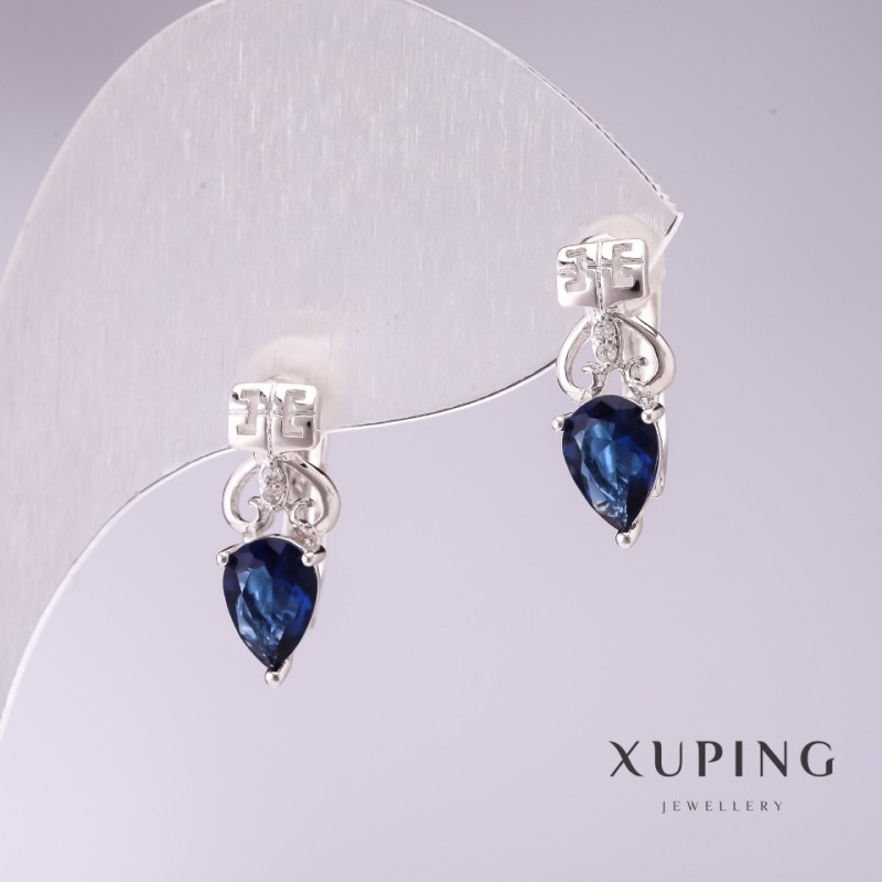 Náušnice Xuping se modrými kameny 15×5 mm rhodiované