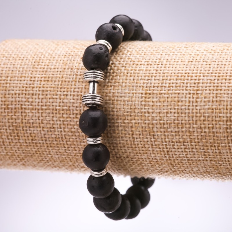 Náramek z lávy, tvar činky, průměr 10 mm, délka 18 cm na elastické šňůře