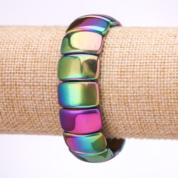 Náramek hematit s duhovým pokovením „Benzíny“ – článek 12×20 mm, délka 18 cm na gumičce