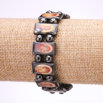 Výprodej náramku hematit s ikonami Panny Marie a Spasitele na elastické šňůrce, články 18×10 mm (s vadou)