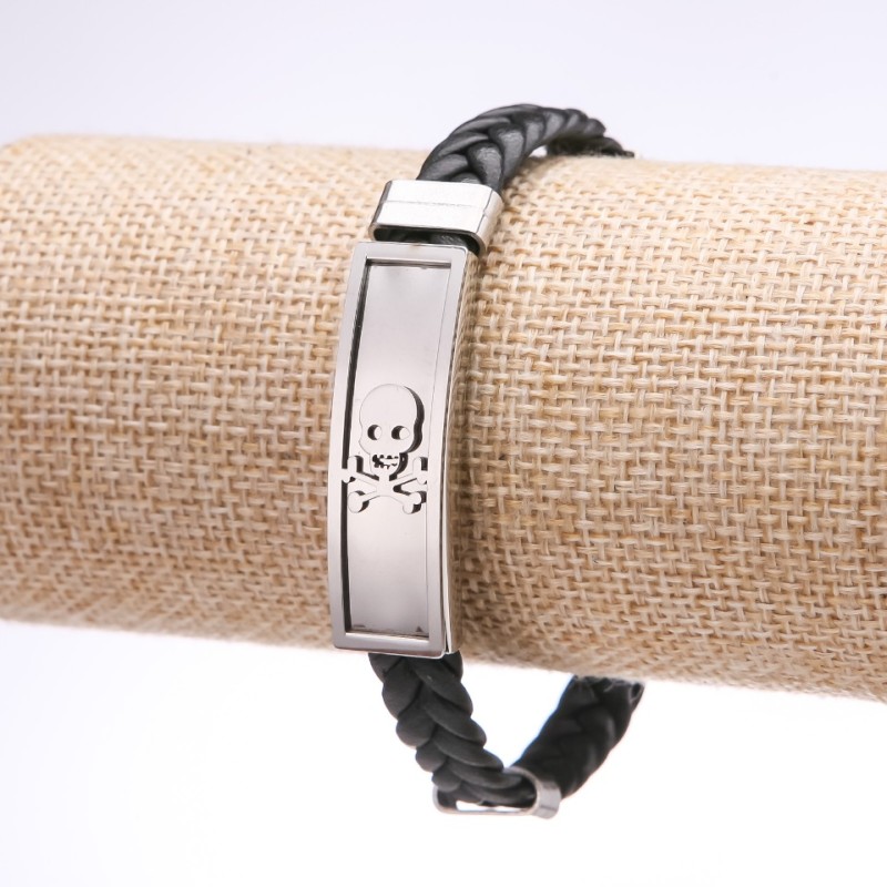 Unisex náramek s lebkou z nerezové oceli a eko-kůže